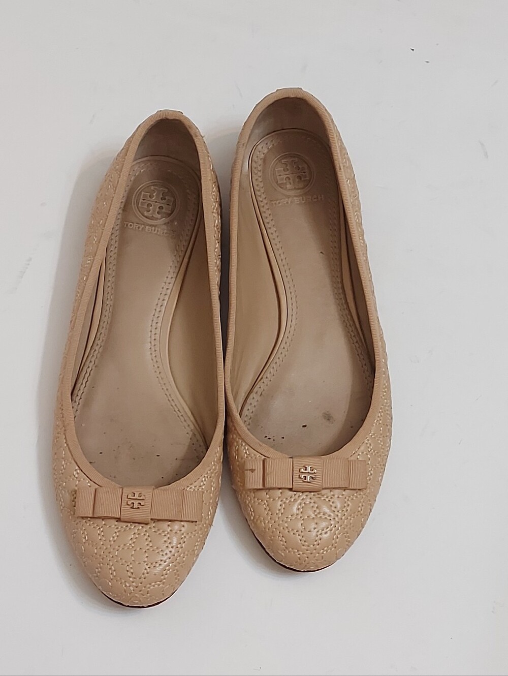 Tory Burch Nude Quilted Ballet Flats with Bow Accent